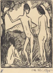 Stehender Knabe und zwei Mädchen