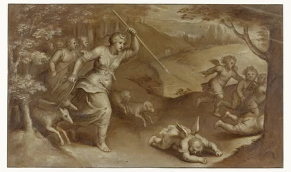 Diana vertreibt Cupido und seine Helfer, die versuchten, sie zu fangen