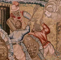 Flämischer Wandteppich. Serie Triumphe und Schlachten des Erzherzogs Albrecht. Die Eroberung der Stadt Hulst. Siebter Wandteppich der Serie. Modell Otto van Veen und Hans I Snellinck. Herstellung Martin Reynbouts, Brüssel