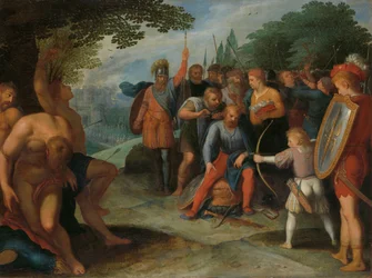 Julius Civilis lässt sich nach dem Fall von Vetera die Haare schneiden, während sein Sohn einige der Gefangenen tötet