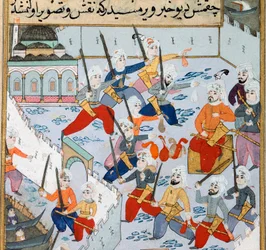 Eroberung von Konstantinopel: Die Armee des osmanischen Sultans Mehmet II. (1430-1481) im Goldenen Horn belagert die Stadt Konstantinopel im Jahr 1453. Miniatur des 15. Jahrhunderts. Topkapi Sarayi Museum Bibliothek Istanbul