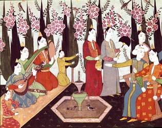 Festlichkeiten in einem Miniaturharem aus dem Album von Sultan Ahmed I.