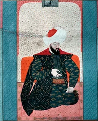 Osmanisches Reich: Porträt von Sultan Osman I, Miniatur aus Zubdat al Tawarikh von Seyyyd Lokman Ashuri, 1583, Istanbul, Türkisch-Islamisches Kunstmuseum