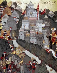 Osmanisches Reich: Sultan Bayezid I (Bajazet) (1360 um 1402) kehrt siegreich in die Stadt Nicopolis nach der Schlacht vom 25.09.1396 zurück. 16. Jahrhundert Miniatur. Istanbul, Topkapi Sarayi Museum Bibliothek