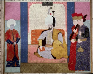 Osmanisches Reich: Sultan Murad III (1546-1595) umgeben von Höflingen. Miniatur aus „Zubdat al Tawarikh“ (Ms. 1973, fol. 59b) von Seyyd Lokman Ashuri 1583 Istanbul, Türkisch-Islamisches Kunstmuseum