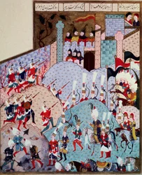 Osmanisches Reich: Darstellung von Sultan Suleiman I. dem Prächtigen (1520-1566) und seiner Armee beim Angriff auf eine befestigte Stadt. Miniatur aus 