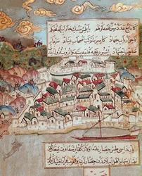 Osmanisches Reich: Darstellung einer befestigten Stadt am Ufer der Donau, erobert von Suleiman I. (1520-1566)
