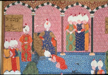 Porträt von Süleyman I. dem Prächtigen (1494-1566), der osmanische Sultan, umgeben von seinem Hof bei der Zeremonie der Thronbesteigung, Detail. Miniatur aus dem „Suleymanname“ von Arifi (Ms. H.1517), 1558. Topkapı Sarayı, Istanbul