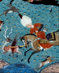 Darstellung der Höflinge von Sultan Murad II (Murat) (1404-1451) bei der Jagd auf Hirsche und Hasen (Detail). 17. Jahrhundert Miniatur. Istanbul, Topkapi Sarayi Museum Bibliothek