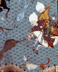 Darstellung der Höflinge von Sultan Murad II. (1404-1451) bei der Jagd auf das Reh. Detail. Miniatur des 17. Jahrhunderts. Istanbul, Topkapi Sarayi Museum Bibliothek