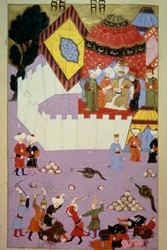 Die Ermordung von Sultan Murad I. (1326-1389) durch den serbischen Ritter Milos Obilic in der Schlacht von Kosovo nach dem Sieg der Osmanen über die Serben. Miniatur aus Lokmans „Hunername“, Band 1 (H 1523, f.7) 1584. Topkapi Sarayi Istanbul