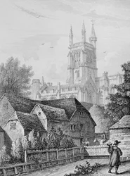 College Tower, Bibliothek und Mühle Winchester, ca. 1830