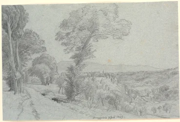 Italienische Berglandschaft mit Blick auf "Genazzano 9. Juli 1869."