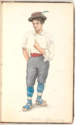 Italienischer Mann mit Schnürschuhen und Hut mit Feder