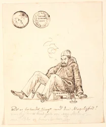 Karikatur von Johan Thomas Lundbye mit Fez, langer Pfeife und Kaffeetasse, sitzend auf einem orientalischen Hocker. Oben Medaille mit der Inschrift "Møddingen stinker verst i soelskin" und unten humoristische Inschrift.