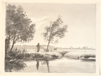 Landschaft mit Feldern, Bäumen, Kühen und einem Bauern, der sich im Vordergrund im Wasser spiegelt