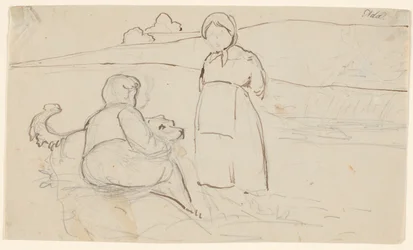 Sitzender Junge mit Hund und stehendes Mädchen in einer Landschaft