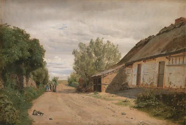 Die Randgebiete des Dorfes Vejby. Am Straßenrand der Maler J.Th. Lundbye beim Skizzieren