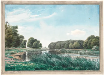 Waldlandschaft mit einem See und drei Kindern, die angeln
