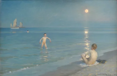 Jungen baden in Skagen. Sommerabend