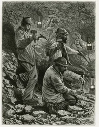 Bergleute beim Kohleabbau im Flöz. Gravur von Ferat zur Illustration der Geschichte „Belgien“ von Camille Lemonnier (1844-1913), belgischer Schriftsteller. Veröffentlicht in Le Tour du monde, nouveau journal des voyages, 2. Halbjahr 1884, herausgegeben von