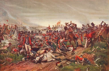 Französische Kürassiere greifen ein britisches Infanteriequadrat in der Schlacht von Waterloo an, 1815