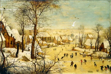 Ein Dorf im Winter mit einer Vogelfalle und Schlittschuhläufern auf einem zugefrorenen Wasserweg