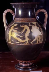 Attische Keramikamphore mit weißen Figuren, die eine Frauenszene darstellen. Zugeschrieben Andokides (6. Jahrhundert v. Chr.). Aus Etrurien. 525-520 v. Chr. Dim. 0,4x0,25 m. Paris, Louvre Museum
