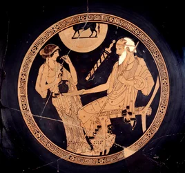 Ilioupersis-Schale: Schale mit roten Figuren, die Briseis und den alten Phönix darstellen, Erzieher von Achilles. Zugeschrieben Brygos (5. Jahrhundert v. Chr.). Paris, Louvre Museum