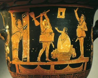 Apulischer Krater mit Theaterszene, Karikatur der Geburt von Helena im Ei, zugeschrieben dem Dijon-Maler, rotfigurige Keramik, Detail, aus Bari, Apulien, Italien, Antike griechische Zivilisation, Magna Graecia, 4. Jahrhundert v. Chr.