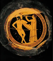 Kriegstanz, begleitet von einem Flötisten