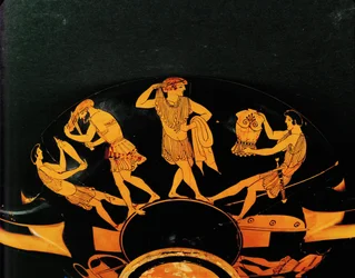 Krieger legen ihre Rüstung an, ein Jüngling schneidet sich das lange Haar ab