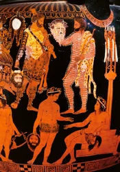 Rotfiguriger Volutenkrater mit einem Schauspieler, der seine Maske hält, aus Ruvo, ca. 410 v. Chr.