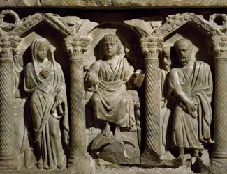 Frühchristlicher Sarkophag, auch bekannt als Sarkophag des Seligen Giles, Marmor, Oratorium von San Bernardino, Perugia, Umbrien, Detail, Italien, 4. Jahrhundert