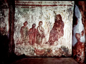 Frühchristliche Kunst: Moses wird von der Tochter des Pharao aus den Wassern des Nils gerettet. Fresko der Katakombe von Via Latina in Rom. 4. Jahrhundert