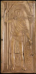 Stilicho in Rüstung, General, Patrizier und Konsul des Weströmischen Reiches. Rechtes Panel des Dyptichons von Stilicho (Elfenbeinskulptur, ca. 395)