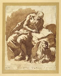 St. Hieronymus sitzt auf einem Felsen und schreibt