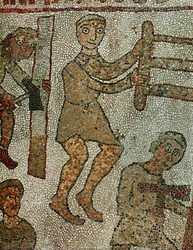 Zimmermann mit Säge, ein anderer mit Axt. Mosaik
