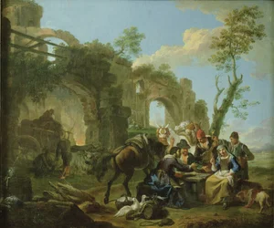 Reiter, die sich unter klassischen Ruinen mit einer Wahrsagerin ausruhen