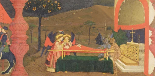 Predella der Schändung der Hostie: Der von Engeln und Teufeln bewachte Leichnam des jüdischen Pfandleihers, um 1468 (Detail)