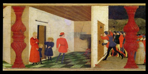 Predella der Schändung der Hostie: Der jüdische Pfandleiher röstet die geweihte Hostie im Feuer, aus dem Blut strömt, und erregt damit die Aufmerksamkeit der Gerichtsdiener, die die Tür einschlagen, um 1468 (Detail)