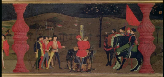 Predella der Schändung der Hostie: Der jüdische Pfandleiher und seine Familie werden wegen des Röstens der geweihten Hostie auf dem Scheiterhaufen verbrannt, um 1468 (Detail)