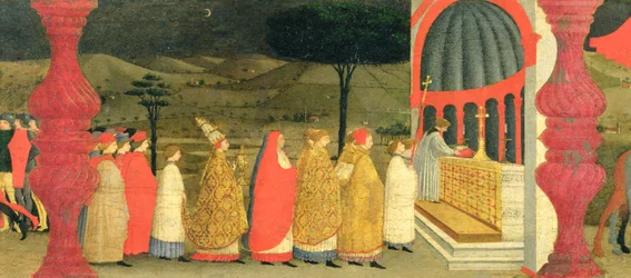 Predella der Hostienschändung: Der Papst bringt die konsekrierte Hostie zum Altar zurück, ca. 1468 (Detail)