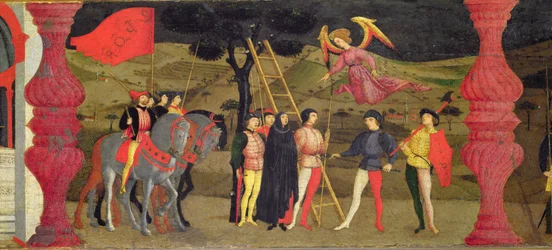 Predella der Hostienschändung: Die reuige Christin wird erhängt, weil sie die geweihte Hostie verpfändet hat, um 1468 (Detail)