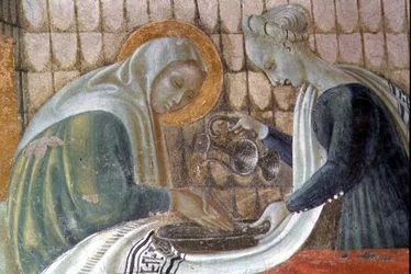 Die Geburt der Jungfrau, Detail, das St. Anna zeigt, wie sie ihre Hände wäscht, aus der Kapelle der Himmelfahrt, 1433-34