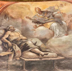Fresken von Paolo de Matteis aus dem Jahr 1714 auf dem Gewölbe und der Trommel, das Leben des Heiligen darstellend, Kapelle von San Cataldo in der Kathedrale, Taranto, Italien