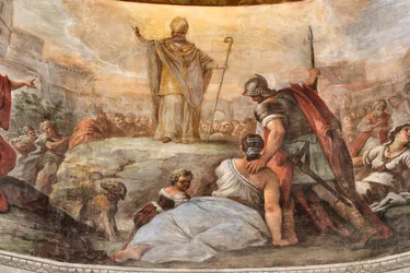 Fresken von Paolo de Matteis aus dem Jahr 1714 auf dem Gewölbe und der Trommel, das Leben des Heiligen darstellend, Kapelle von San Cataldo in der Kathedrale, Taranto, Italien