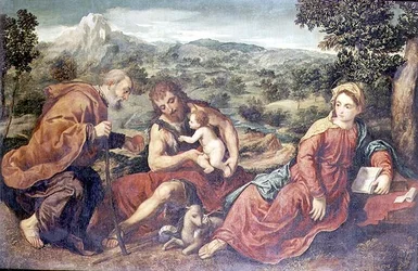 Heilige Familie mit Johannes dem Täufer in einer Landschaft