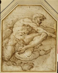 Männliche Figur, von Putti in Wolken getragen