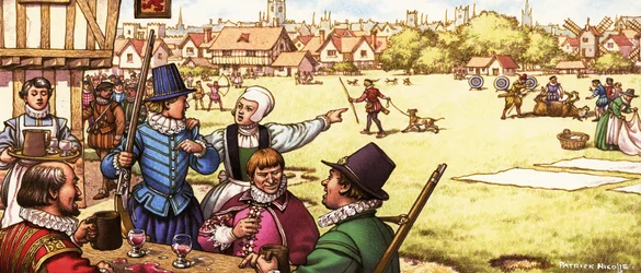 Unidentifizierte Szene aus dem 17. Jahrhundert von Männern, die in einem Gasthaus trinken